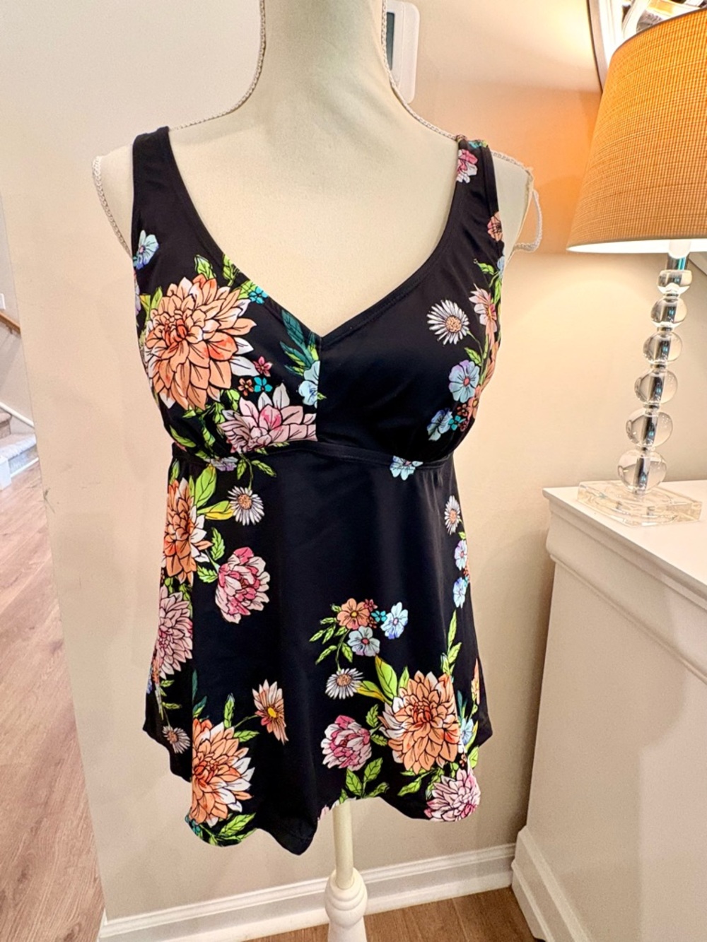 Swimsuits For All Black Floral Tankini Swim Top